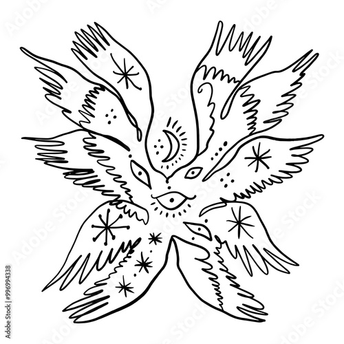 Bible accurate angel vector illustration clipart. Hand-drawn Seraphim print for tattoo, sticker and more.