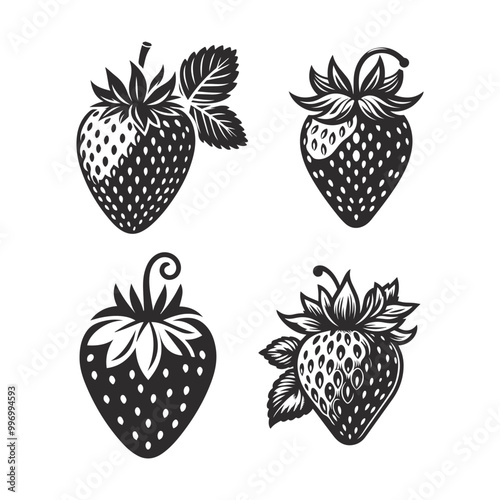 Set of strawberries, silhouettes and strawberries icons isolated on white background.