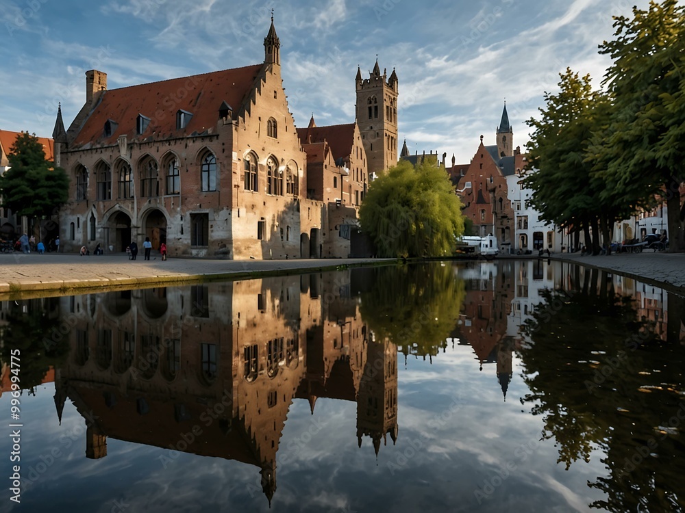 Reflection of Bruges cathedral in water. Reflection of Bruges cathedral in water.