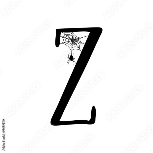 Logo con letra inicial Z con tela de araña y araña colgando para tarjetas y felicitaciones de Halloween