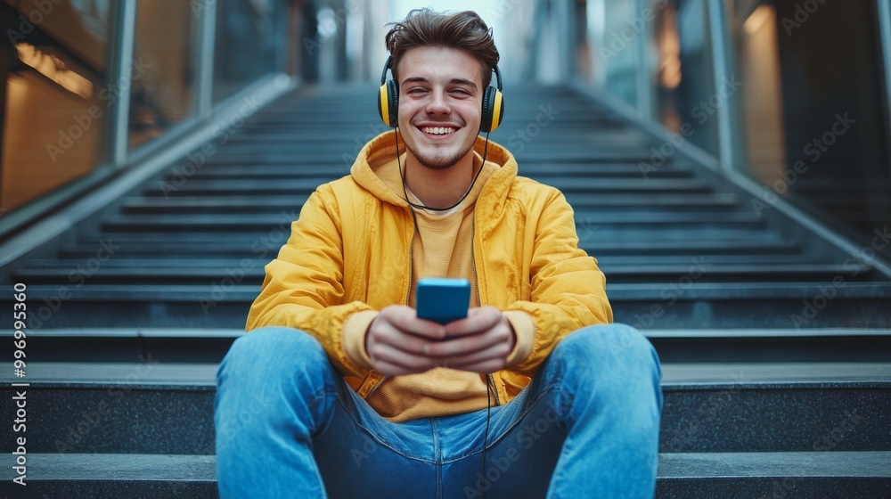 Young happy man sit on the stairs with headphones and listen music on mobile phone Young happy man sit on the stairs with headphones and listen music on mobile phone