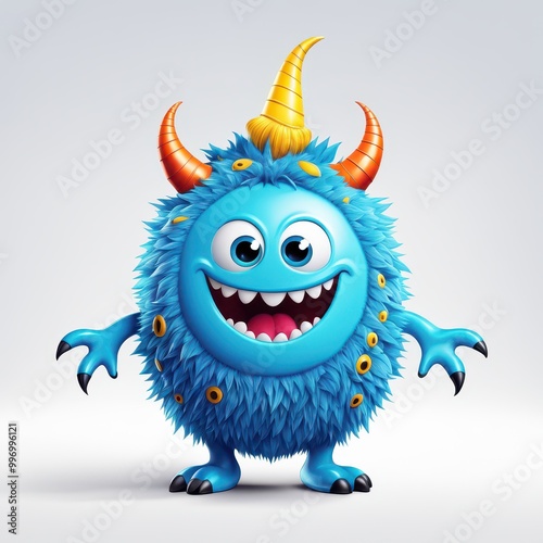 A cute, fluffy blue monster with horns and a big smile, designed for fun and entertainment.