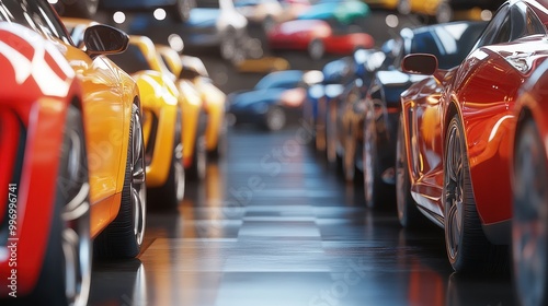 Wallpaper Mural Cars for sale stock lot. Car dealer inventory. AI generated Torontodigital.ca