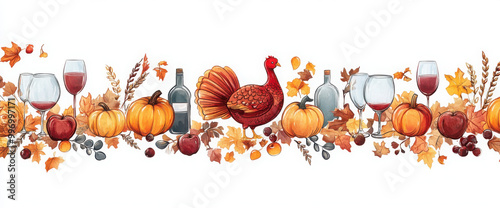 Vector border Thanksgiving. Seamless Autumn food roast turkey corn wine pumpkin family dinner greeting card repeating pattern design. Harvest festival. Fall party invitation banner. Happy Thanksgiving
