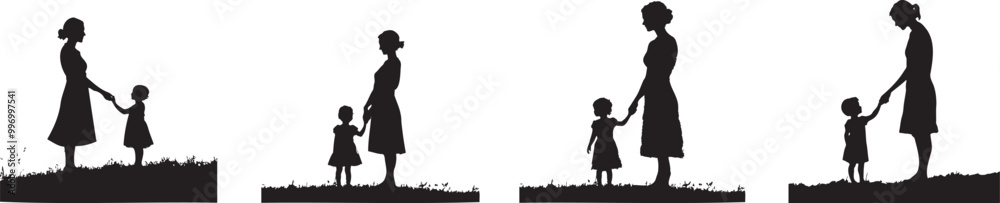 Touching Silhouette of a Mother Holding Her Child's Hand Touching Silhouette of a Mother Holding Her Child's Hand