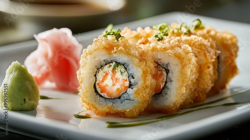 Enjoy a closeup view of crispy battered shrimp tempura rolls, delicately garnished with ginger and wasabi, served on a white plate in an inviting restaurant atmosphere