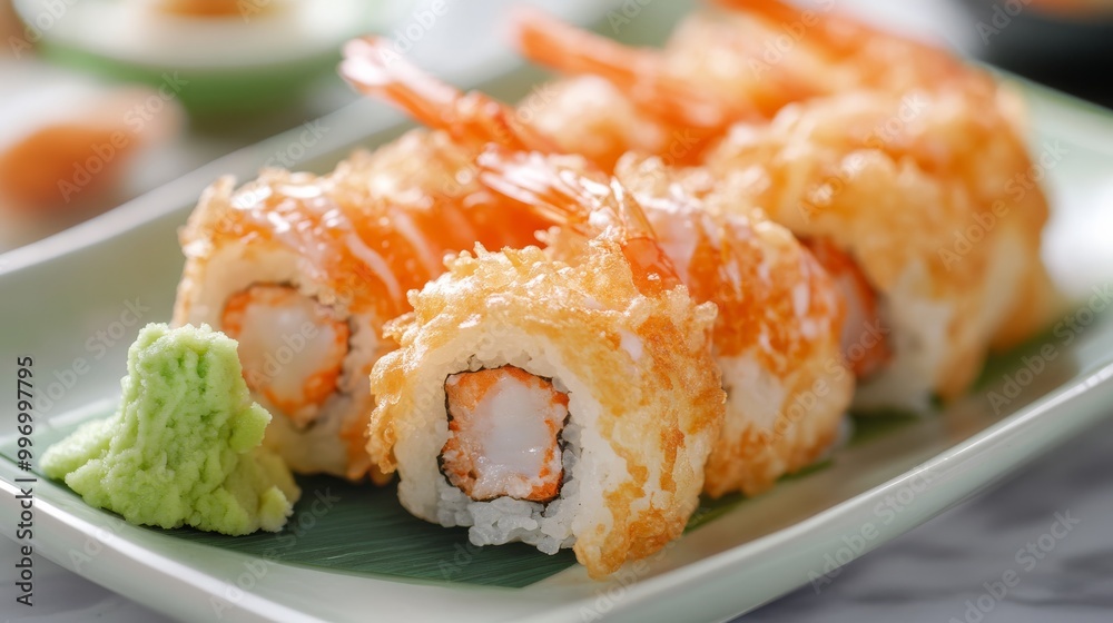 A plate features delicious crispy battered shrimp tempura rolls alongside fresh ginger and wasabi, served in a sleek dining environment, perfect for sushi lovers A plate features delicious crispy battered shrimp tempura rolls alongside fresh ginger and wasabi, served in a sleek dining environment, perfect for sushi lovers