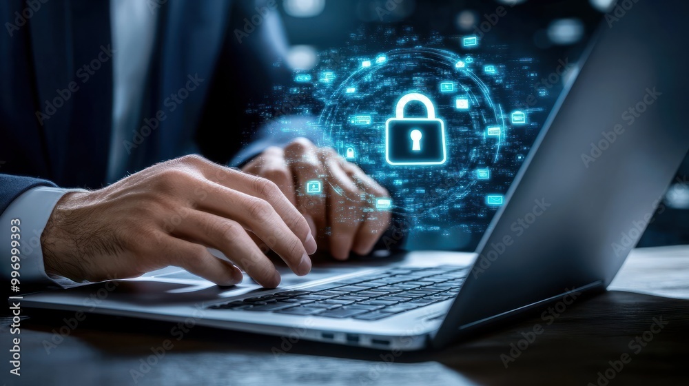 hands of a businessman use a laptop with a virtual padlock icons, cyber and data security concept hands of a businessman use a laptop with a virtual padlock icons, cyber and data security concept