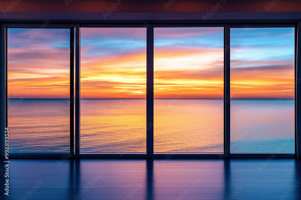 Fototapeta premium Modern Seaview Aluminum Door Showcasing Vibrant Sunset Hues, Inviting a Sense of Tranquility and Awe