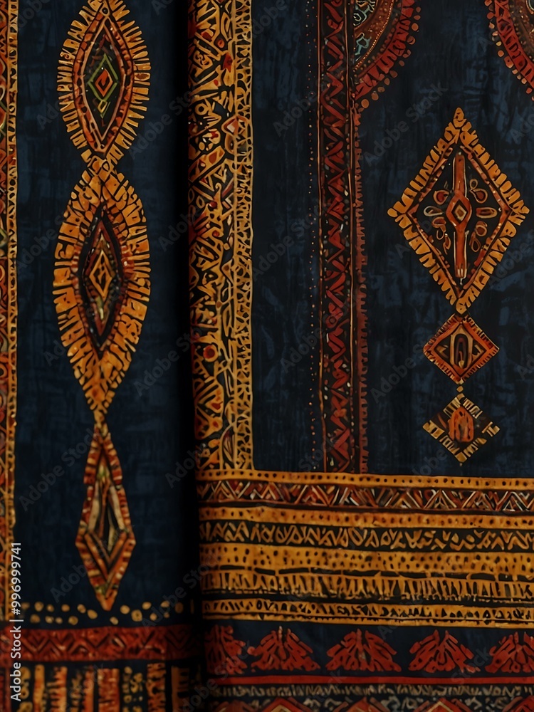 Richly patterned wax fabric with bold tribal motifs in dark shades. Richly patterned wax fabric with bold tribal motifs in dark shades.