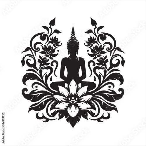 Buddha silhouette with intricate floral and leaf details, representing tranquility and spiritual balance vector illustration