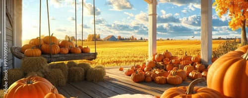 A cozy autumn afternoon at a farmhouse with a wraparound porch, featuring piles of pumpkins, haystacks, and a wooden swing overlooking the golden-hued fields