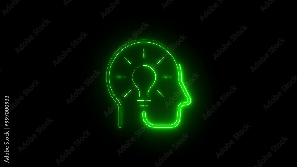 abstract neon head and bulb icon animation background on a black . abstract neon head and bulb icon animation background on a black .