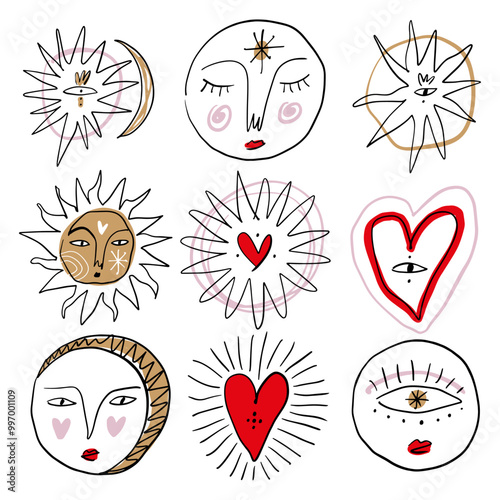 Space bundle of stylish freaky cool funny doodle stellar characters. Moons, suns and planets. Vintage astrology and astronomy concept. Hand-drawn set antique poster or pint clipart collection.