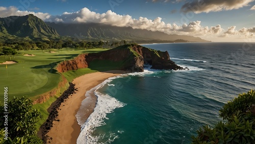 Scenic golf course in Princeville, Kauai, overlooking the sea. photo