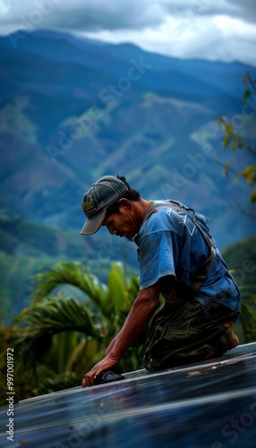 A man in a blue shirt works on a roof with a mountain view.