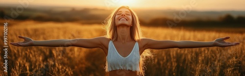 Happy woman with arms open in a sunlit meadow, enjoying nature and freedom