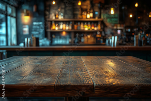 Rustic Empty Wooden Table in Vintage Pub Interior