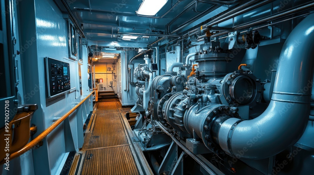 A detailed shot of a large ship engine compartment, showcasing heavy machinery and complex piping systems used for maritime propulsion. A detailed shot of a large ship engine compartment, showcasing heavy machinery and complex piping systems used for maritime propulsion.