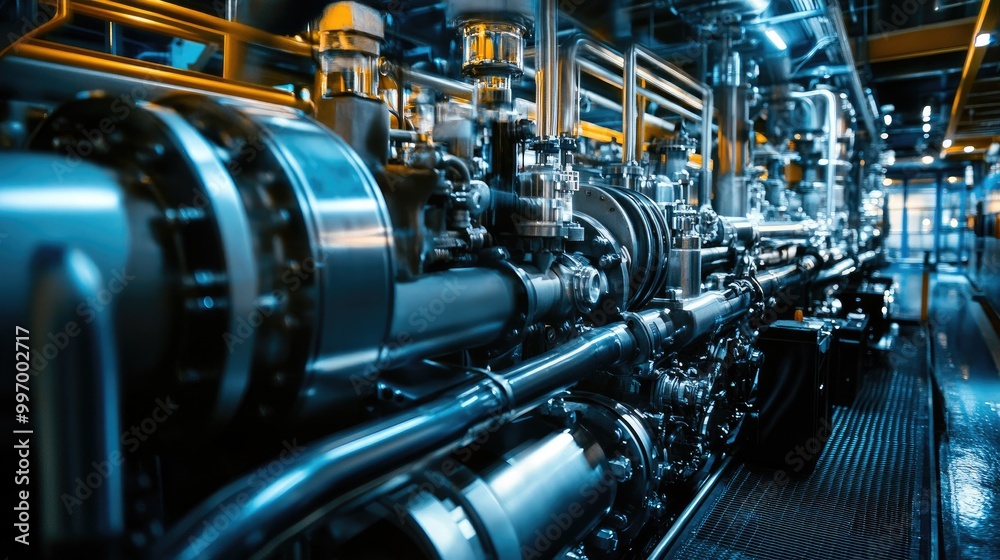 A detailed shot of a large ship engine compartment, showcasing heavy machinery and complex piping systems used for maritime propulsion. A detailed shot of a large ship engine compartment, showcasing heavy machinery and complex piping systems used for maritime propulsion.