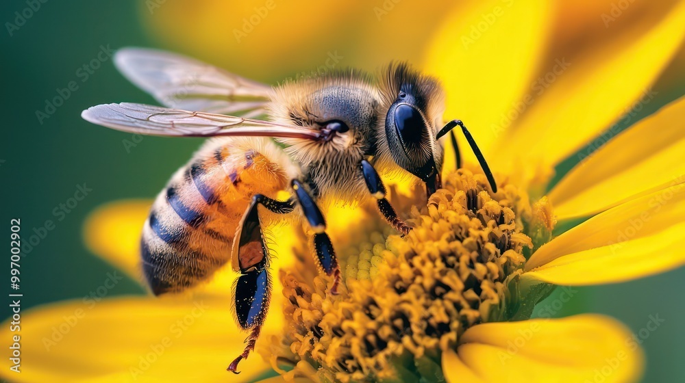 A bee busily collects nectar from a bright yellow flower, a close-up view of naturea??s pollination.