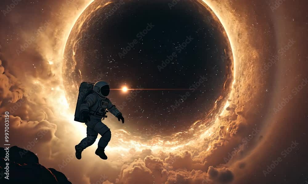 Astronaut floating in space with suit lights reflecting stars ...