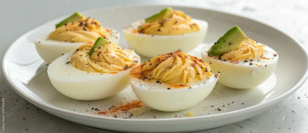 Deviled eggs garnished with avocado slices on a white plate, arranged beautifully Deviled eggs garnished with avocado slices on a white plate, arranged beautifully