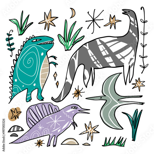Boho funny coloring dinosaurs set in childish doodle handmade shamanic style, Scandinavian cute hand drawn flat dino bundle, adorable funny nursery clipart characters. Cute poster for kids and more.