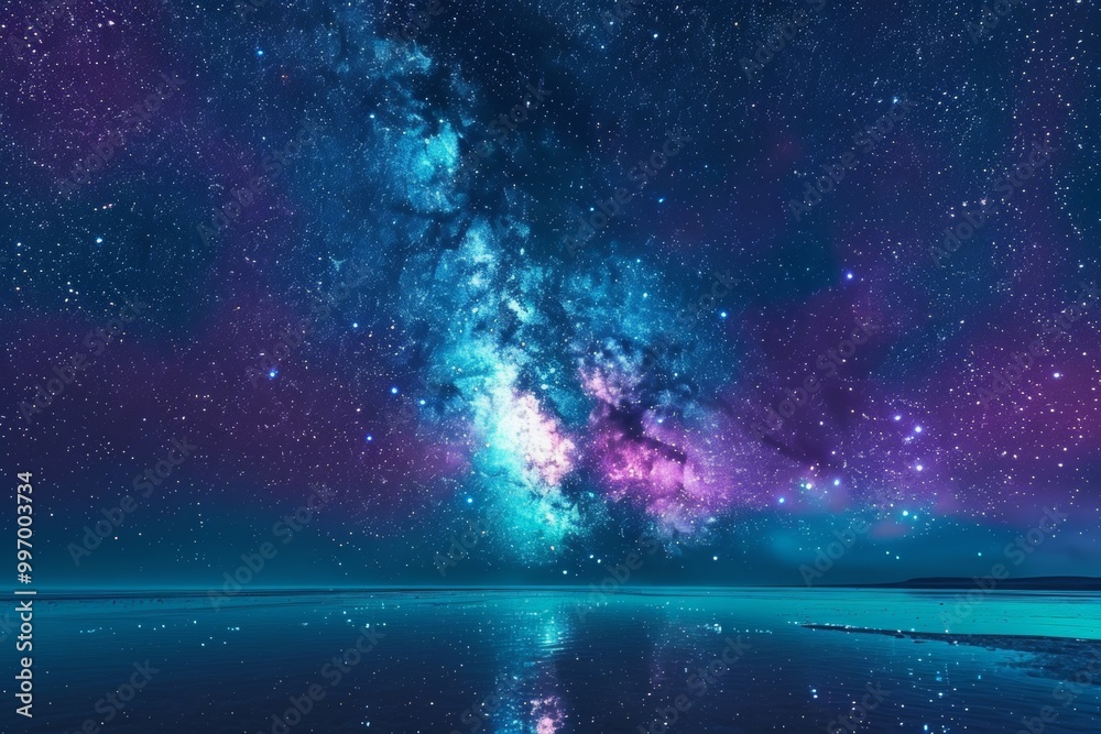 Obraz premium A breathtaking view of the night sky, with a stunning display of stars and the Milky Way reflecting in the calm waters below.