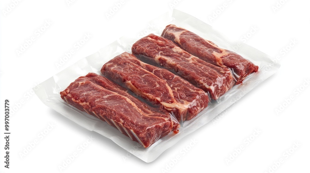 A high-quality package of short ribs vacuum-sealed for freshness, presented on a white background, perfect for retail or butcher promotions.