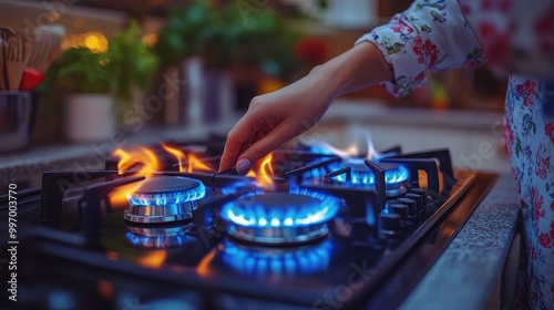 Hand Adjusting Flame on Modern Gas Stove in Cozy Kitchen Setting photo