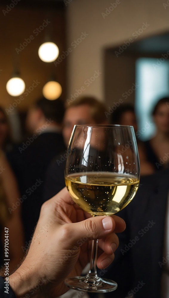 Selective focus on a man holding a glass of white wine at a party.