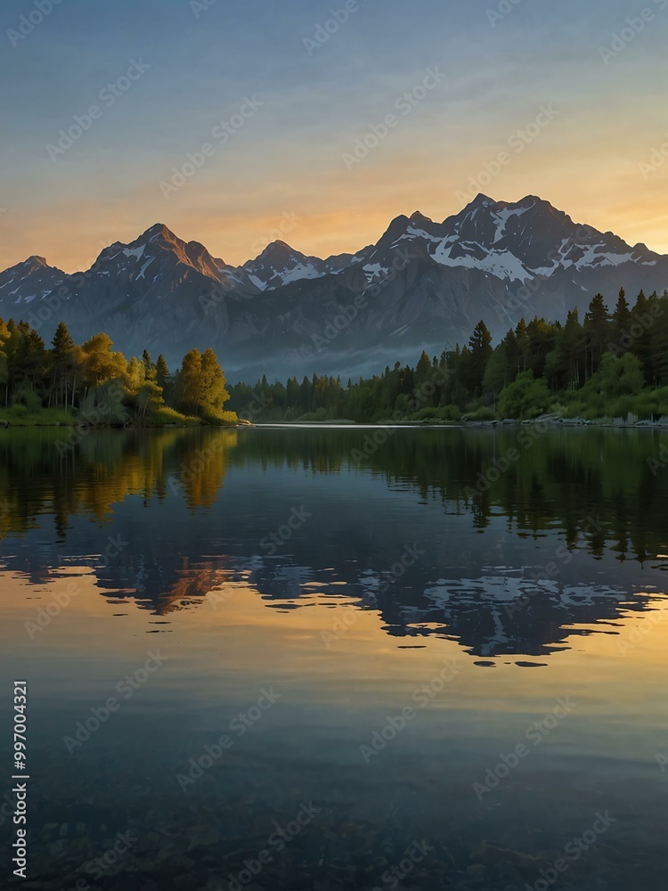 Serene dawn reflections with a tranquil sunrise over a still lake and majestic mountains. Serene dawn reflections with a tranquil sunrise over a still lake and majestic mountains.