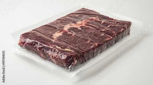 A large cut of brisket sealed in vacuum packaging, displayed on a white background, showcasing its ready-to-cook freshness and high-quality marbling. photo