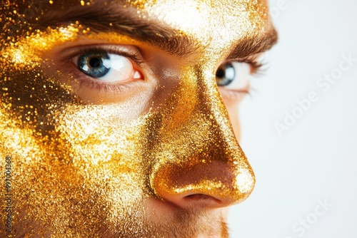 Obraz na płótnie Close-Up of Man with Gold Glitter Face w salonie