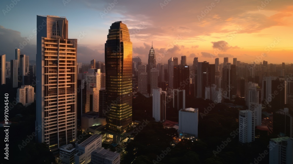 Fototapeta premium Golden Hour Skyscrapers in a Modern City