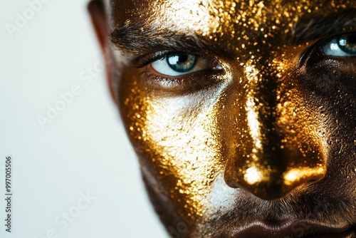 Obraz na płótnie Close-Up of a Man with Gold Face Paint w salonie