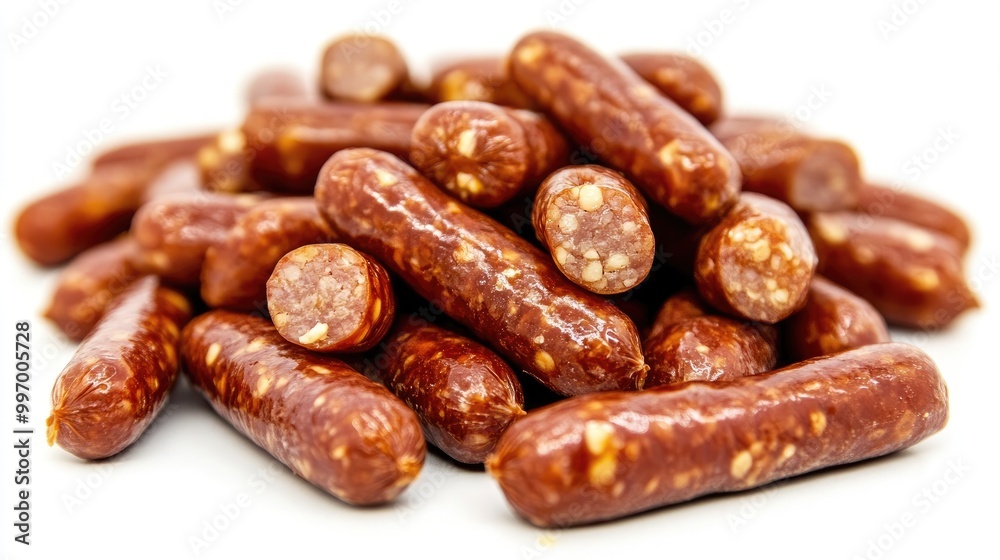 A pile of cocktail sausages neatly arranged on a white background, emphasizing their golden brown color and bite-sized appeal for party or snack ideas. A pile of cocktail sausages neatly arranged on a white background, emphasizing their golden brown color and bite-sized appeal for party or snack ideas.