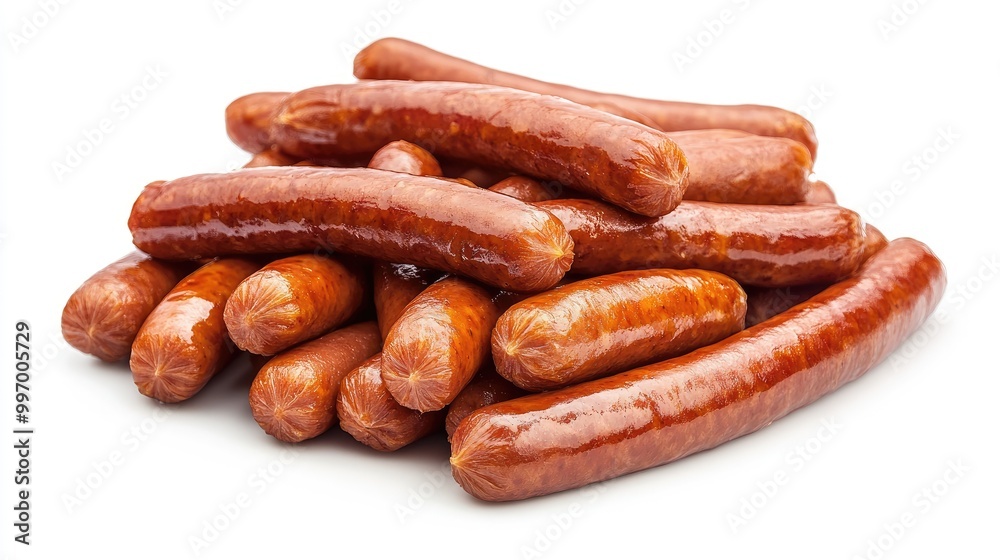 A pile of cocktail sausages neatly arranged on a white background, emphasizing their golden brown color and bite-sized appeal for party or snack ideas. A pile of cocktail sausages neatly arranged on a white background, emphasizing their golden brown color and bite-sized appeal for party or snack ideas.