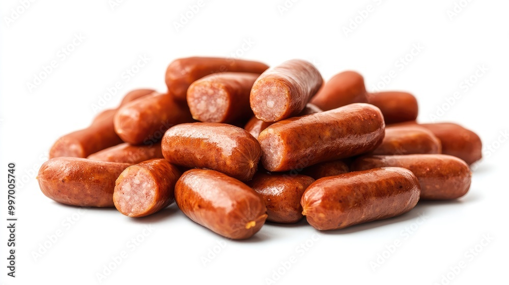 A pile of cocktail sausages neatly arranged on a white background, emphasizing their golden brown color and bite-sized appeal for party or snack ideas. A pile of cocktail sausages neatly arranged on a white background, emphasizing their golden brown color and bite-sized appeal for party or snack ideas.