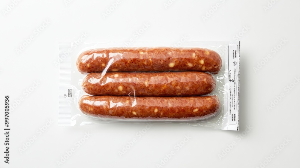 A plastic-wrapped package of chicken sausages with a printed label, displayed on a plain white background, highlighting the product brand and quality. A plastic-wrapped package of chicken sausages with a printed label, displayed on a plain white background, highlighting the product brand and quality.