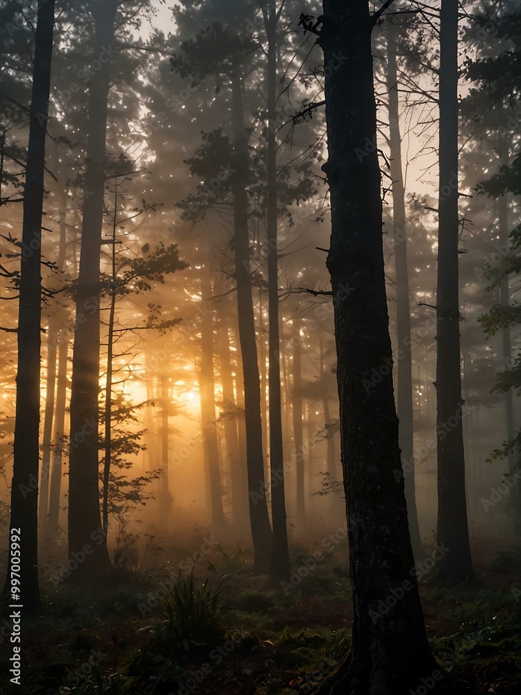 Silhouetted Trees at Sunset in a Misty Forest Silhouetted Trees at Sunset in a Misty Forest