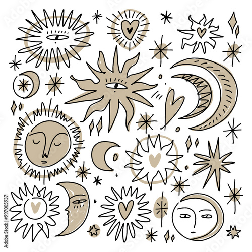 Space bundle of stylish freaky cool funny doodle stellar characters. Moons, suns and planets. Vintage astrology and astronomy concept. Hand-drawn set antique poster or pint clipart collection.