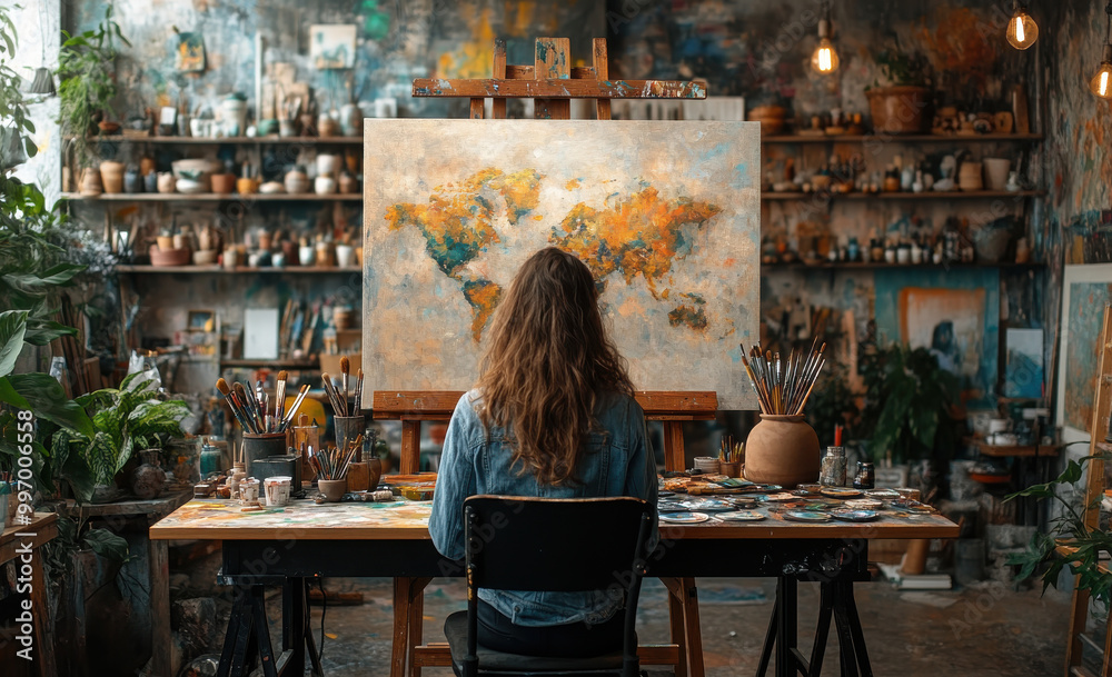 A cozy artist's studio set for live streaming, showcasing art supplies, canvas, and pottery under soft lighting A cozy artist's studio set for live streaming, showcasing art supplies, canvas, and pottery under soft lighting