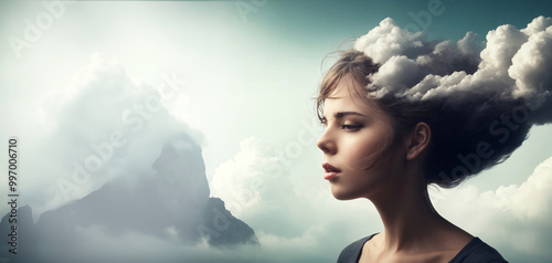 Young thinking worried troubled woman in dreamy cloud scape