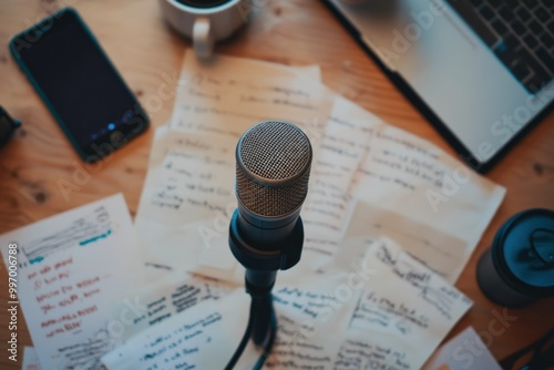 Close-Up of Microphone on Desk Surrounded by Notes