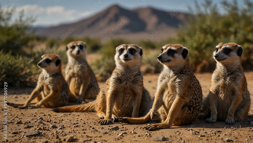 Six meerkats lying down. Six meerkats lying down.