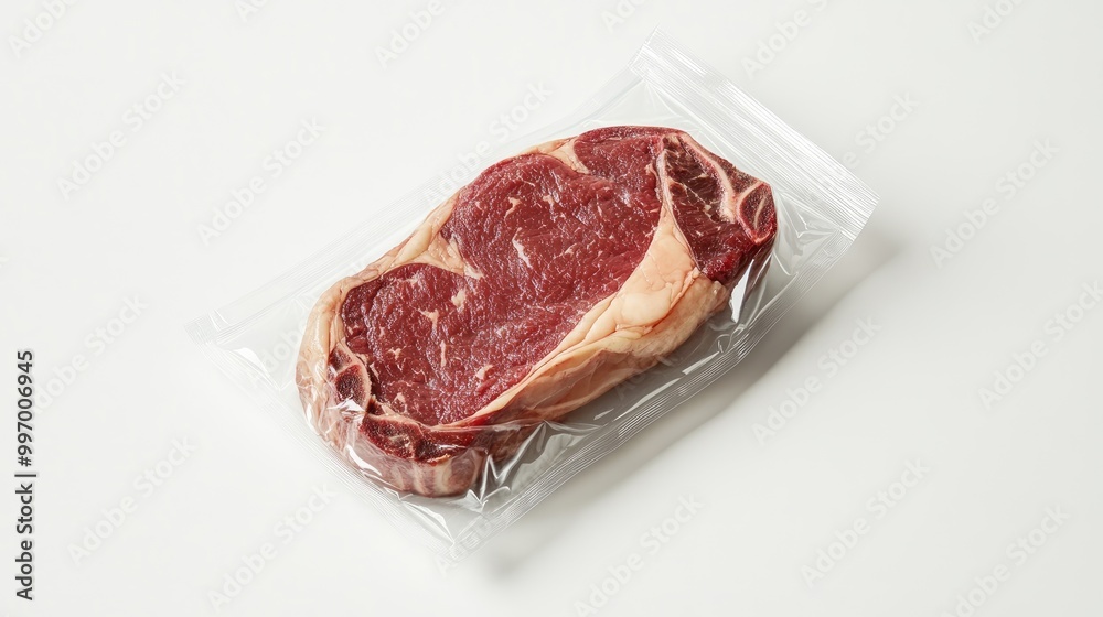 Fototapeta premium A premium ribeye steak sealed in transparent packaging, displayed against a white background, showcasing marbling and freshness perfect for retail or food presentation.
