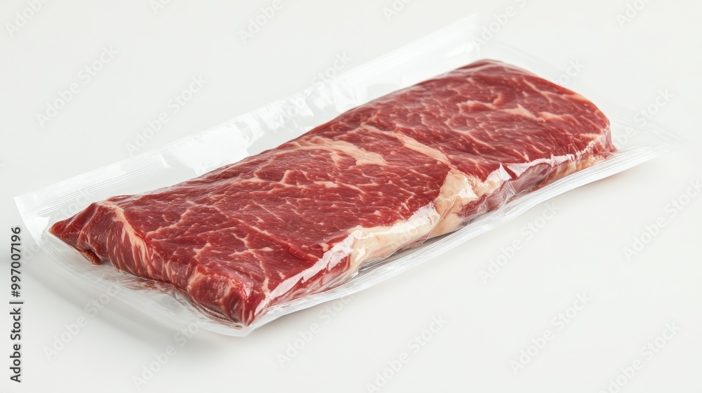 Obraz premium A premium tri-tip cut sealed in vacuum packaging, displayed on a white background, showcasing its marbling and freshness for retail or butcher displays.
