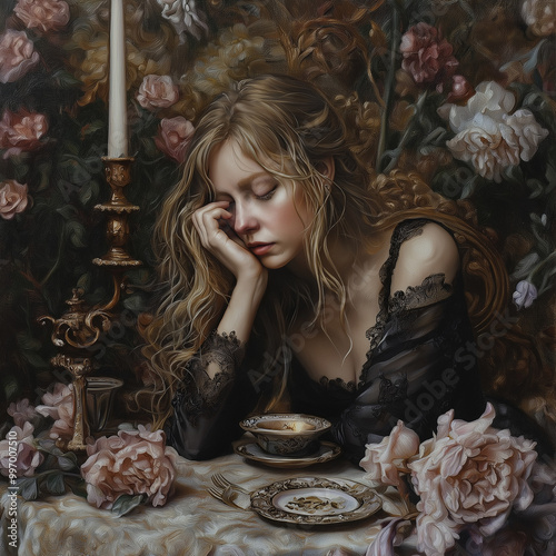 Melancholic Woman in Black Lace with Roses and Candle